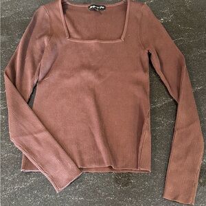 Square Neck Ribbed Long Sleeve Top - Brown